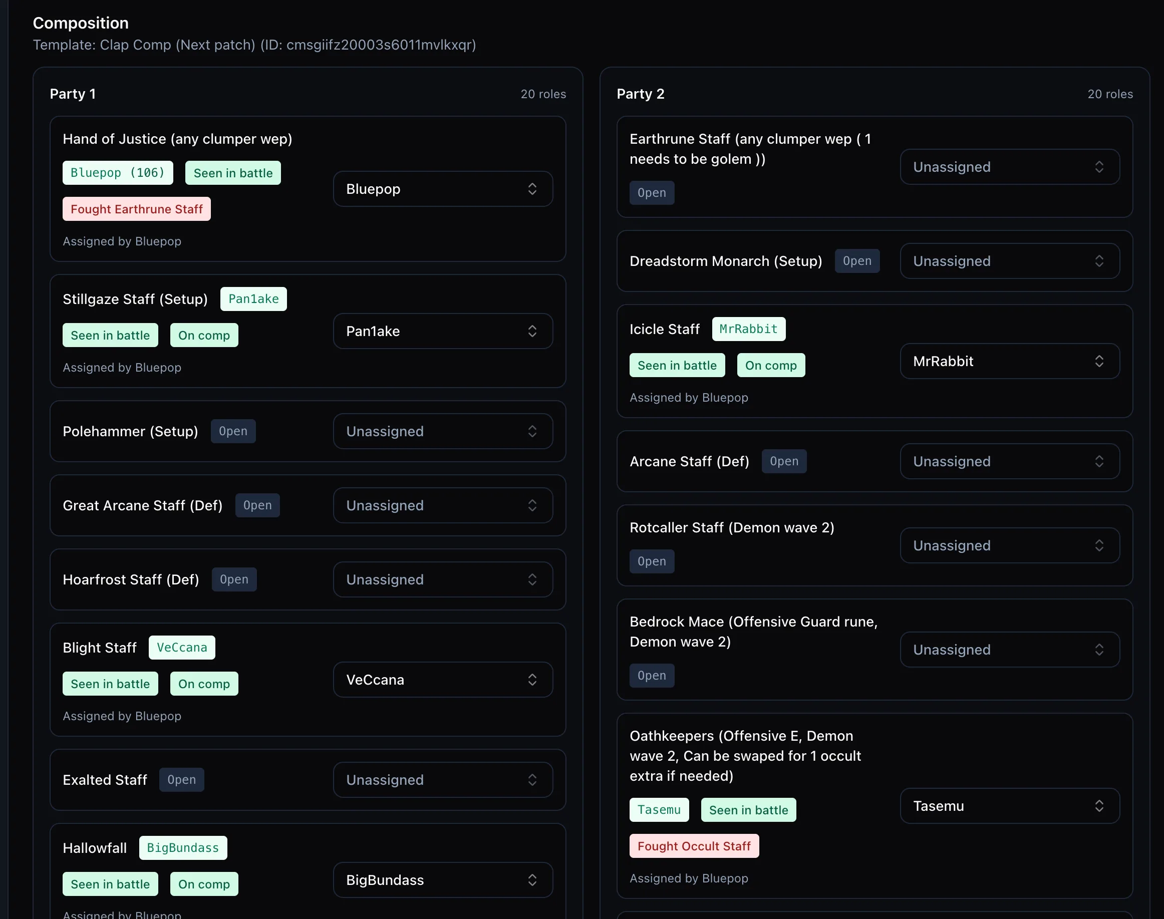 A CTA composition roster: party slots with assigned members, seen-in-battle and on-comp badges
